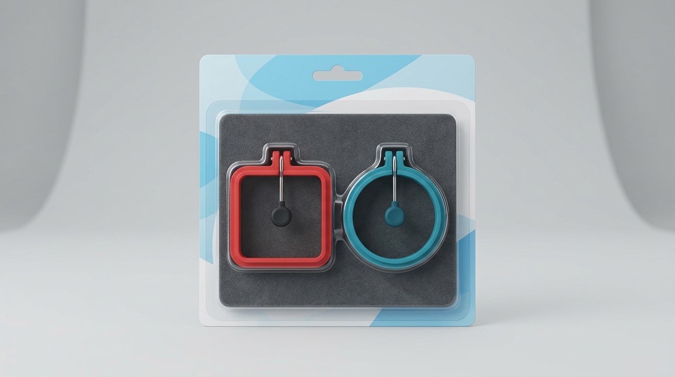 Conjunto de anéis de silicone em formato de ovo, quadrados e circulares, em embalagem personalizada para venda.