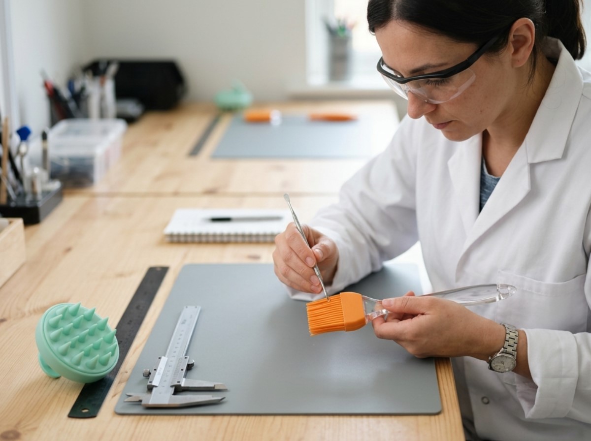 A tester is evaluating the bristles quality and structure integrity of a silicone pastry brush