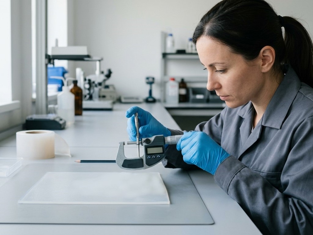 Un técnico está inspeccionando la uniformidad dimensional de las láminas de silicona.