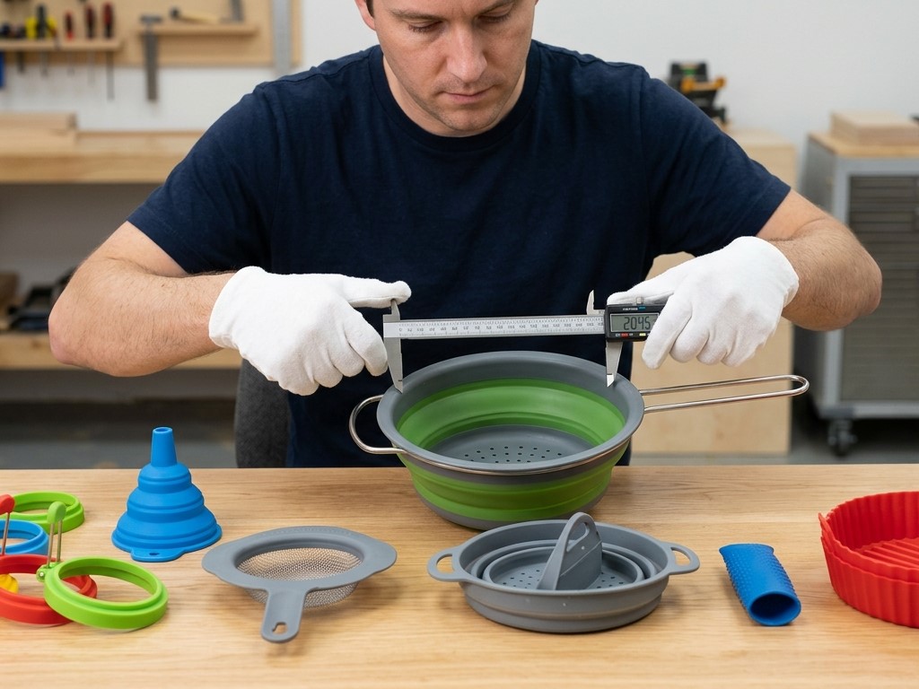 Um testador está medindo o diâmetro de um filtro de silicone.