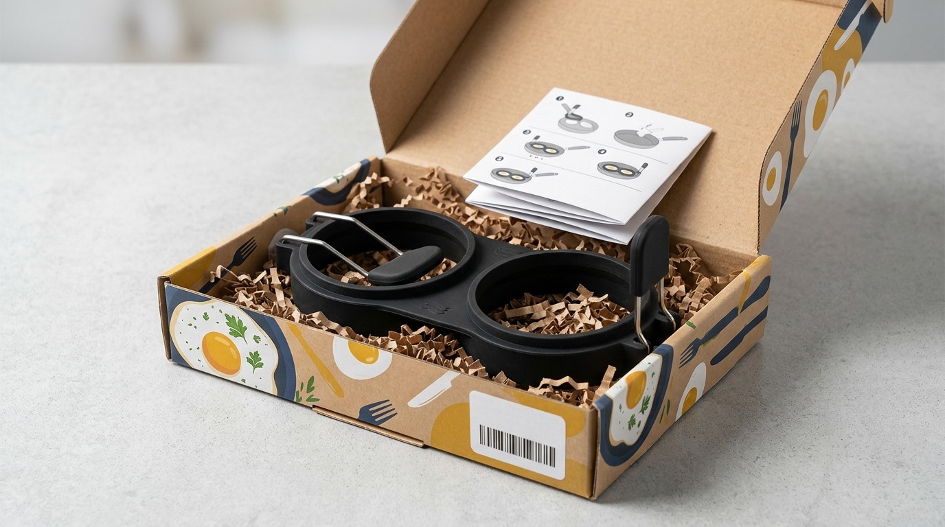 Anel de silicone em formato de ovo, dividido em duas partes, em embalagem personalizada para e-commerce.