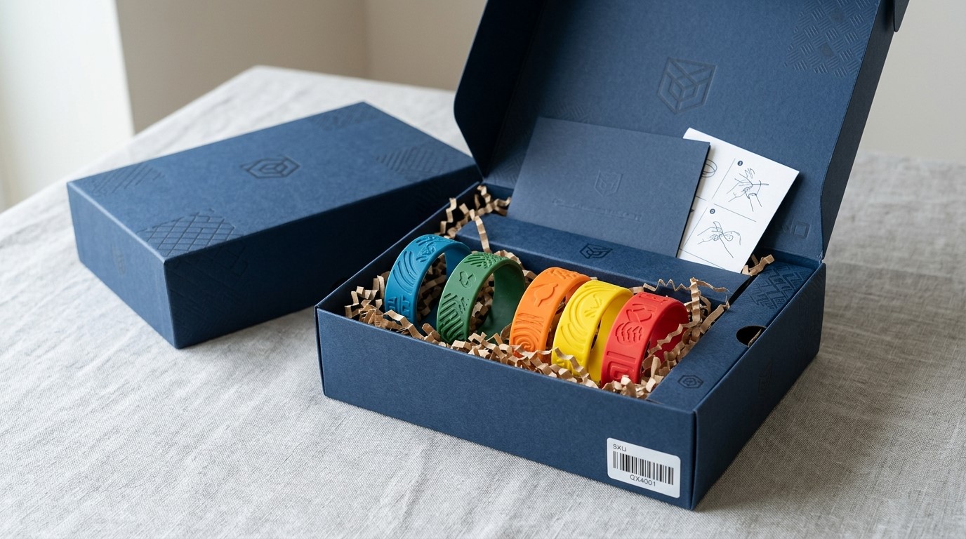 Embalaje personalizado de pulseras de silicona para comercio electrónico.