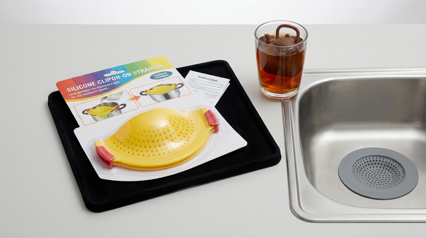 Coador de pia e infusor de chá de silicone personalizado com clipe para marcas de acessórios de cozinha domésticos.