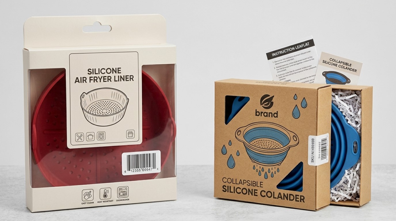 Utensílios de cozinha de silicone personalizados com embalagem personalizada para vendedores de varejo e comércio eletrônico.