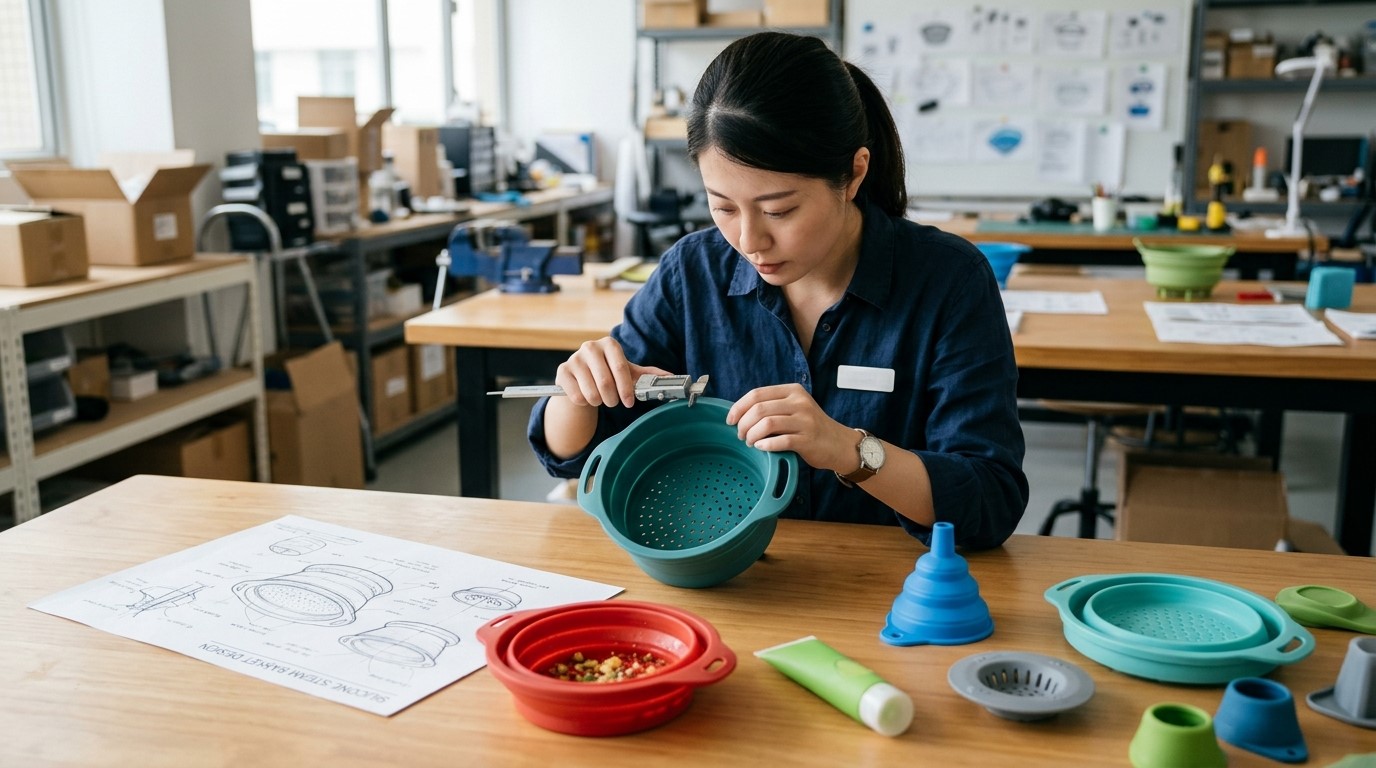 Utensílios de cozinha de silicone com diferentes formatos, dimensões e detalhes específicos.