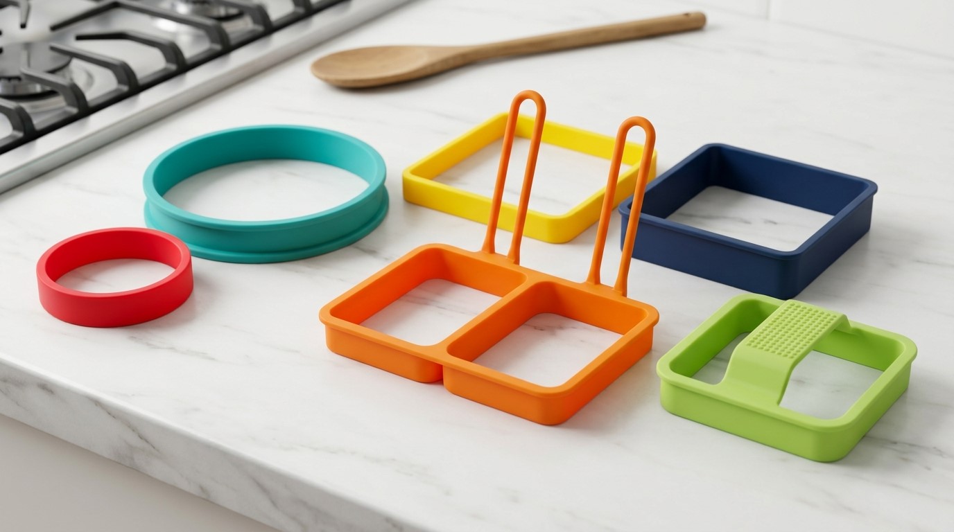 Anéis de silicone para ovos em diferentes tamanhos, personalizados para atender a porções específicas e necessidades culinárias.