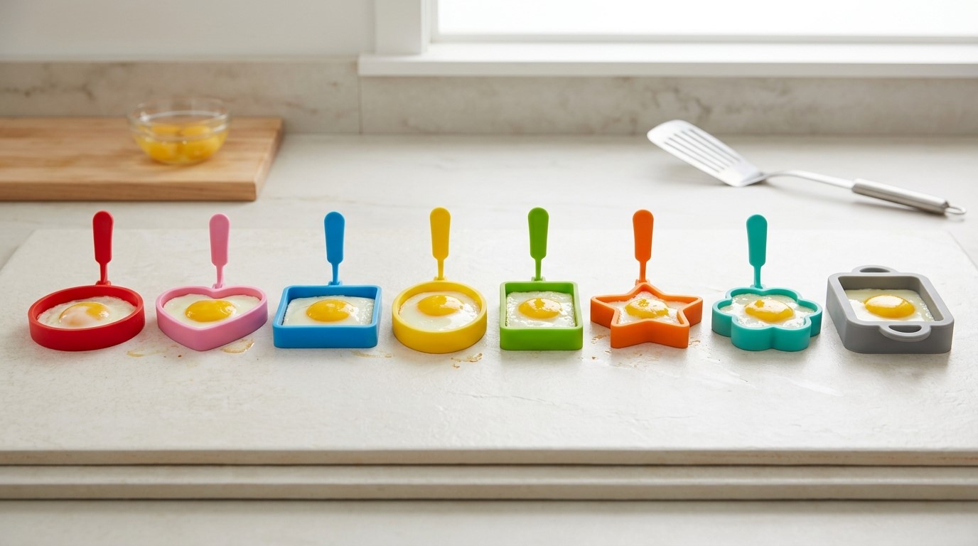 Aros de silicone personalizados com formatos exclusivos para ovos, perfeitos para cozinhar de forma divertida.