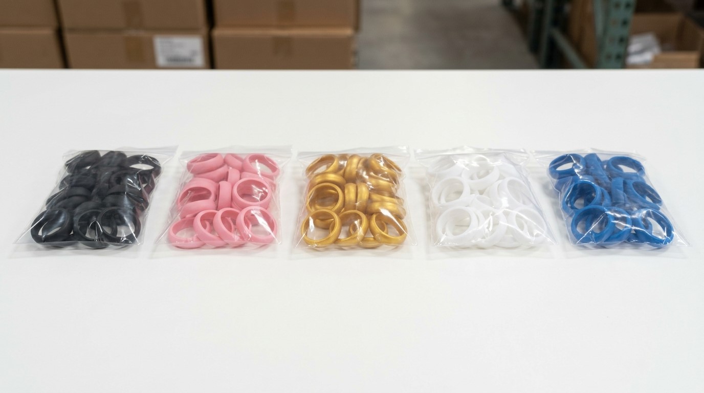 Anelli in silicone confezionati in sacchetti di plastica per distributori e grossisti.