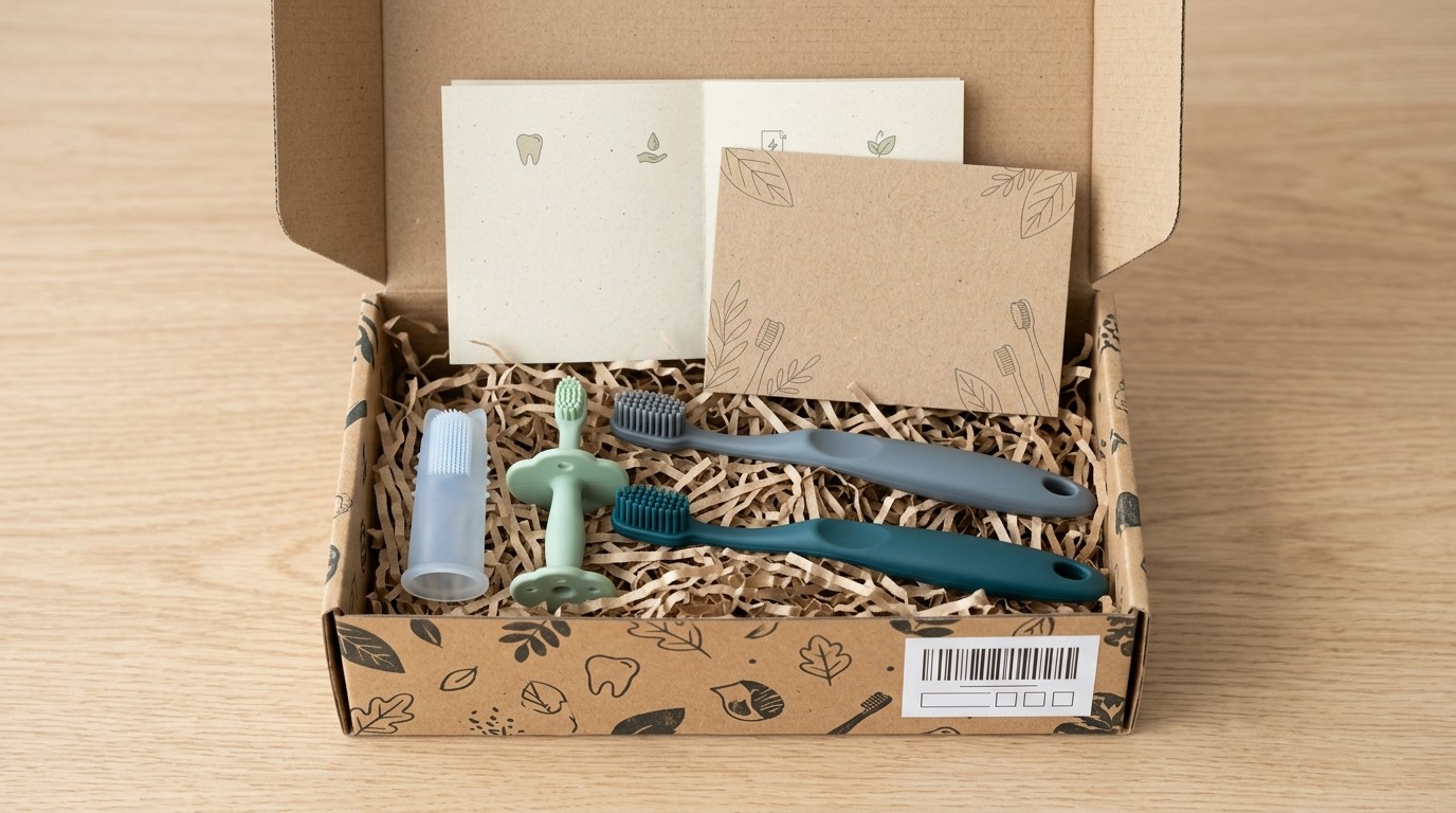 Silicone finger, infant, one-piece toothbrushes in custom E-commerce Packaging