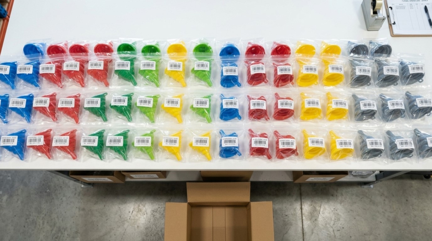 Funil de silicone como um dos acessórios de cozinha de silicone em sacos plásticos para distribuidores e atacadistas.