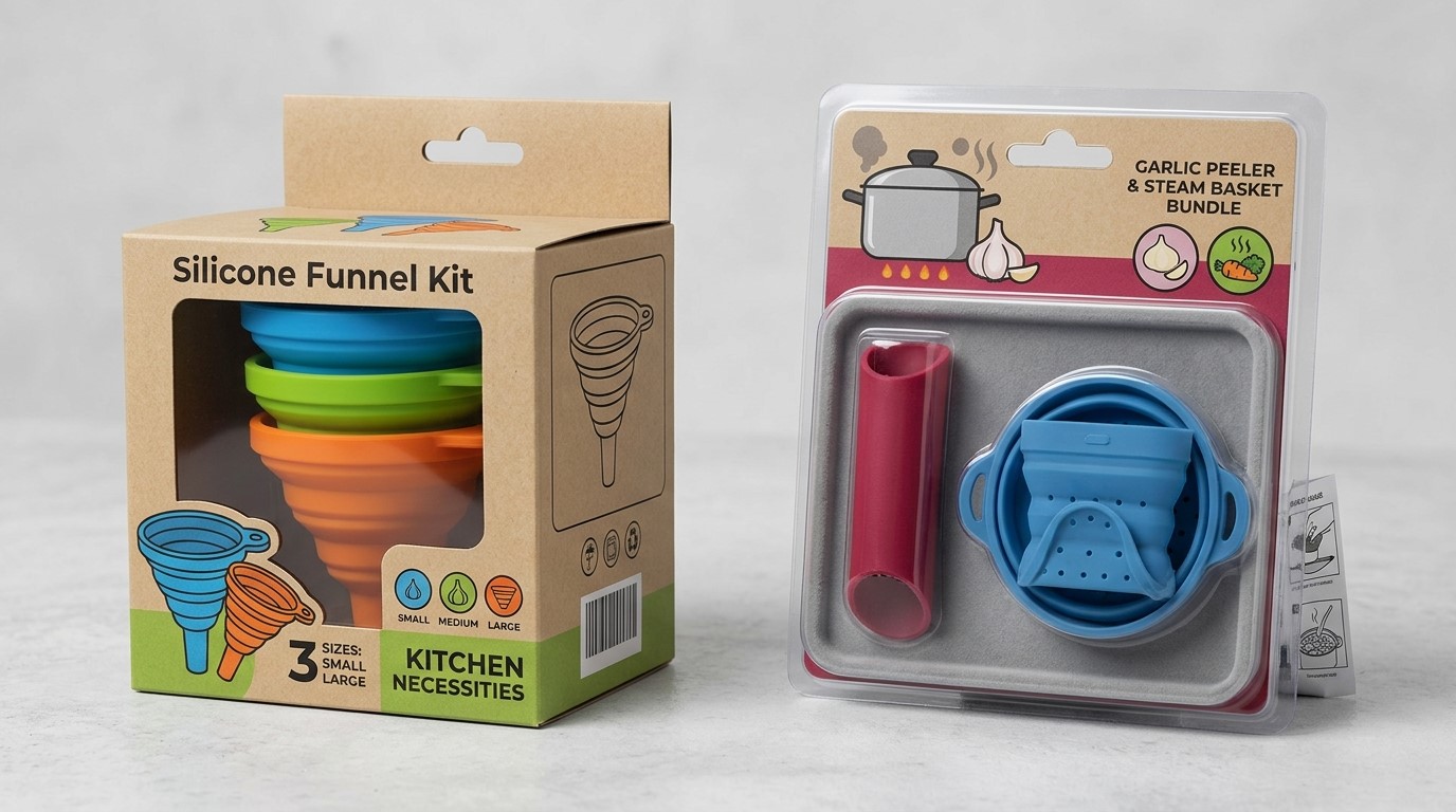 Utensílio de cozinha de silicone com embalagem personalizada para programas de varejo de utensílios domésticos e de cozinha.