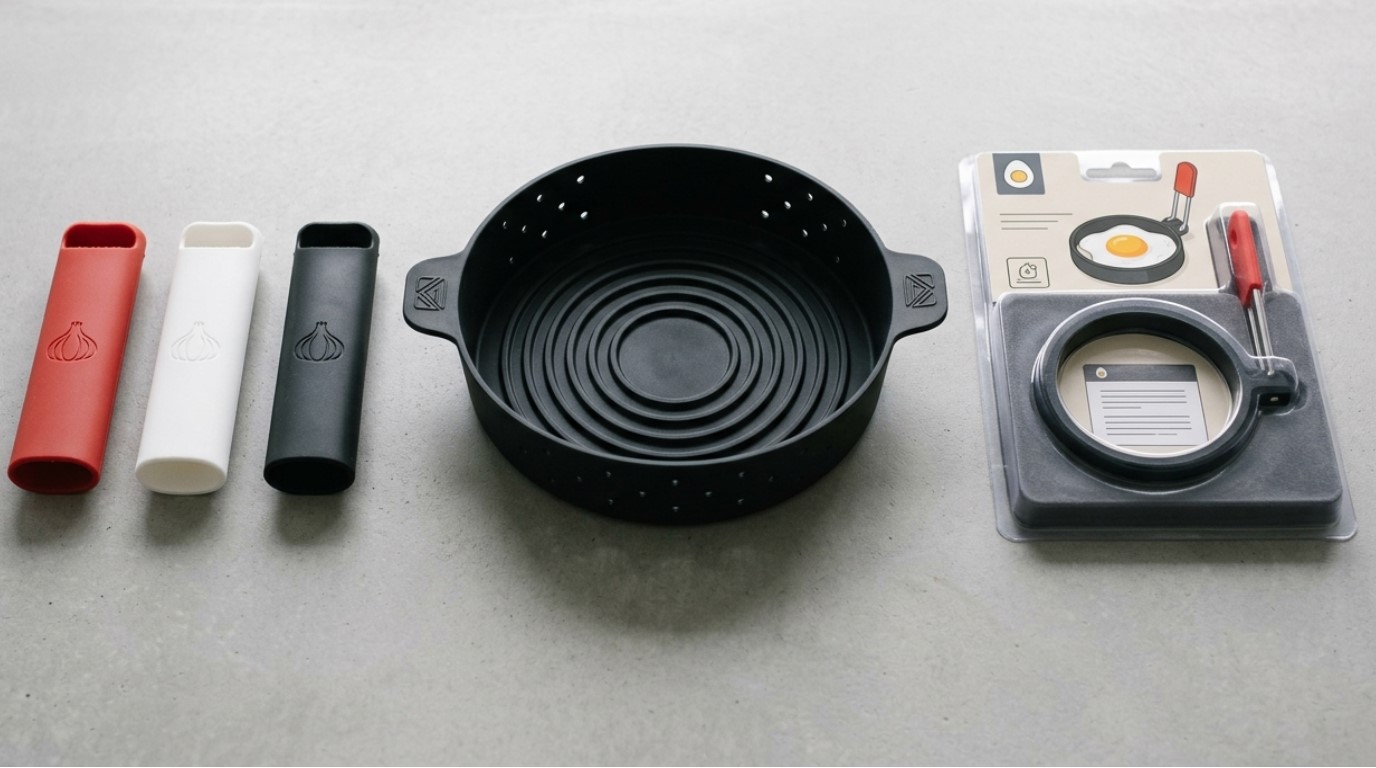 Utensílios de cozinha de silicone com opções de personalização para o seu projeto de ferramentas de cozinha.