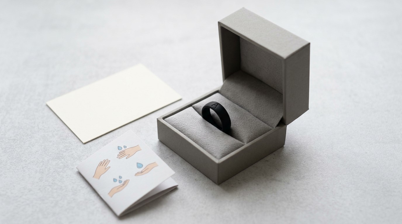 Anello in silicone in confezione personalizzata di marca premium.