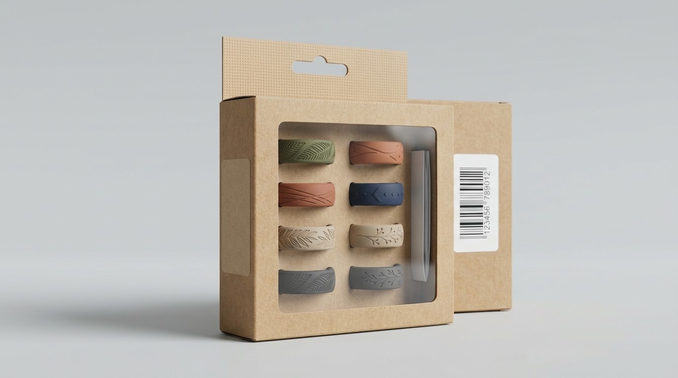 Anello in silicone nella confezione per l'e-commerce.