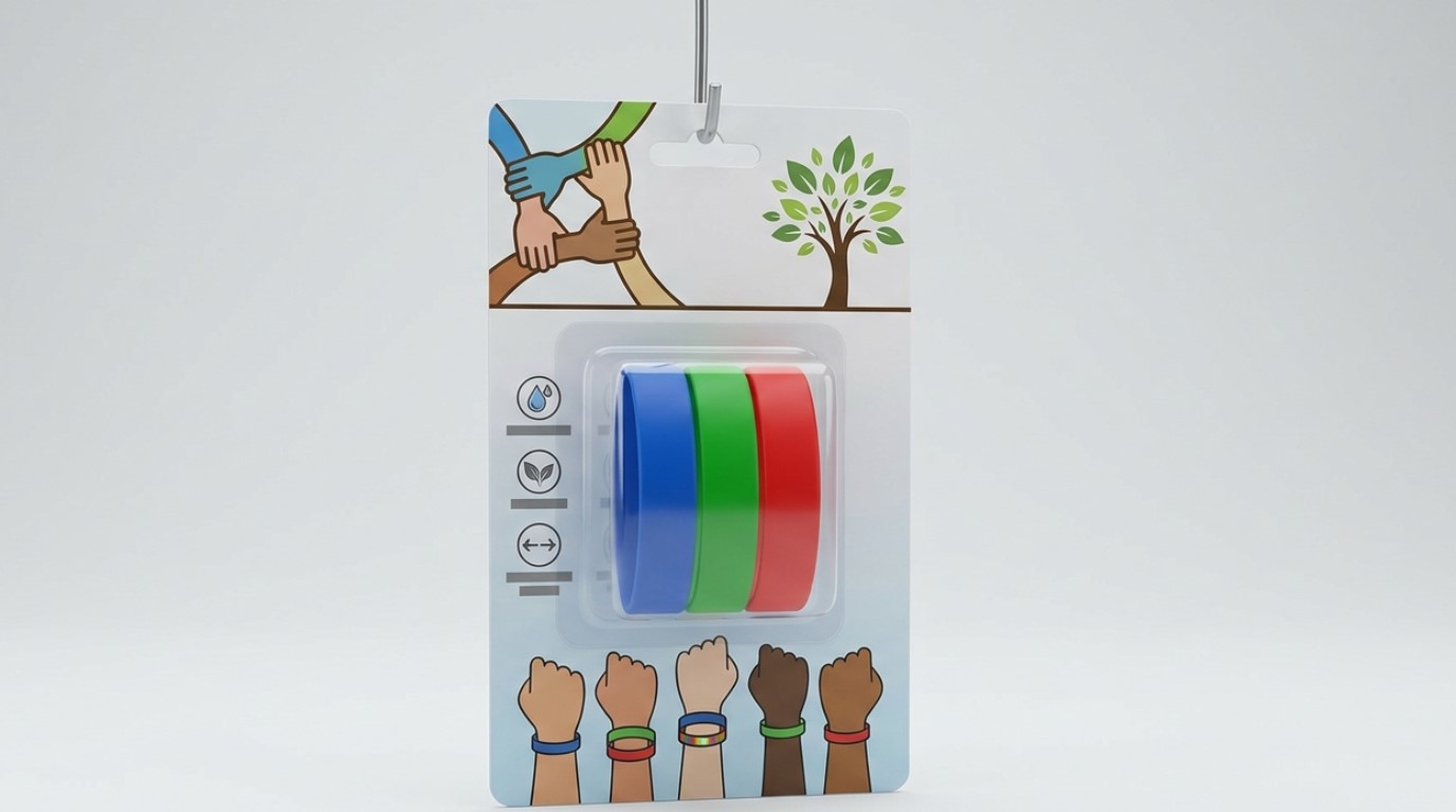 Pulseras de silicona en envase blíster con tarjeta de cabecera y cartón personalizado para necesidades de embalaje minorista.