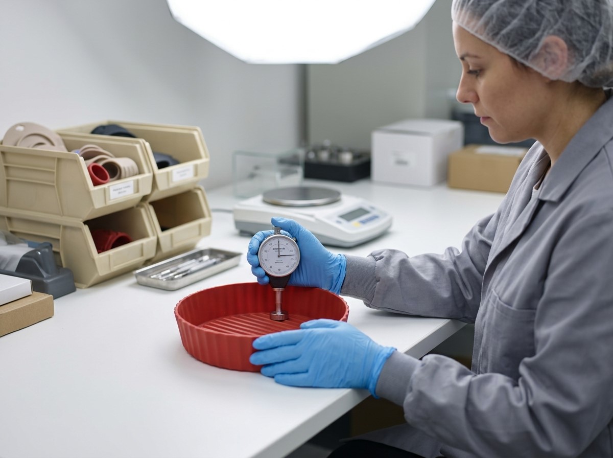 A tester is measuring the hardness of a silicone air fryer liner