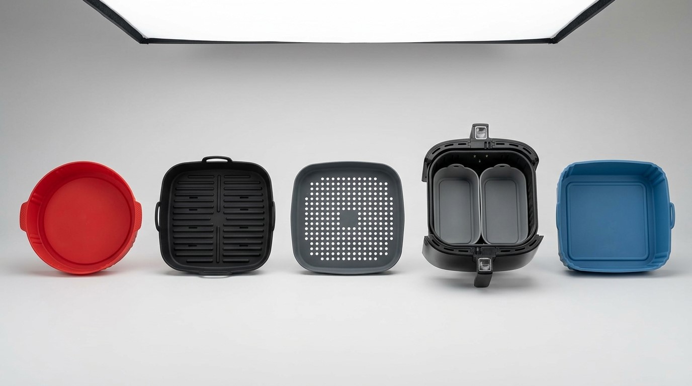 Flexible structure designs of custom silicone air fryer liners for improved airflow or grease drainage