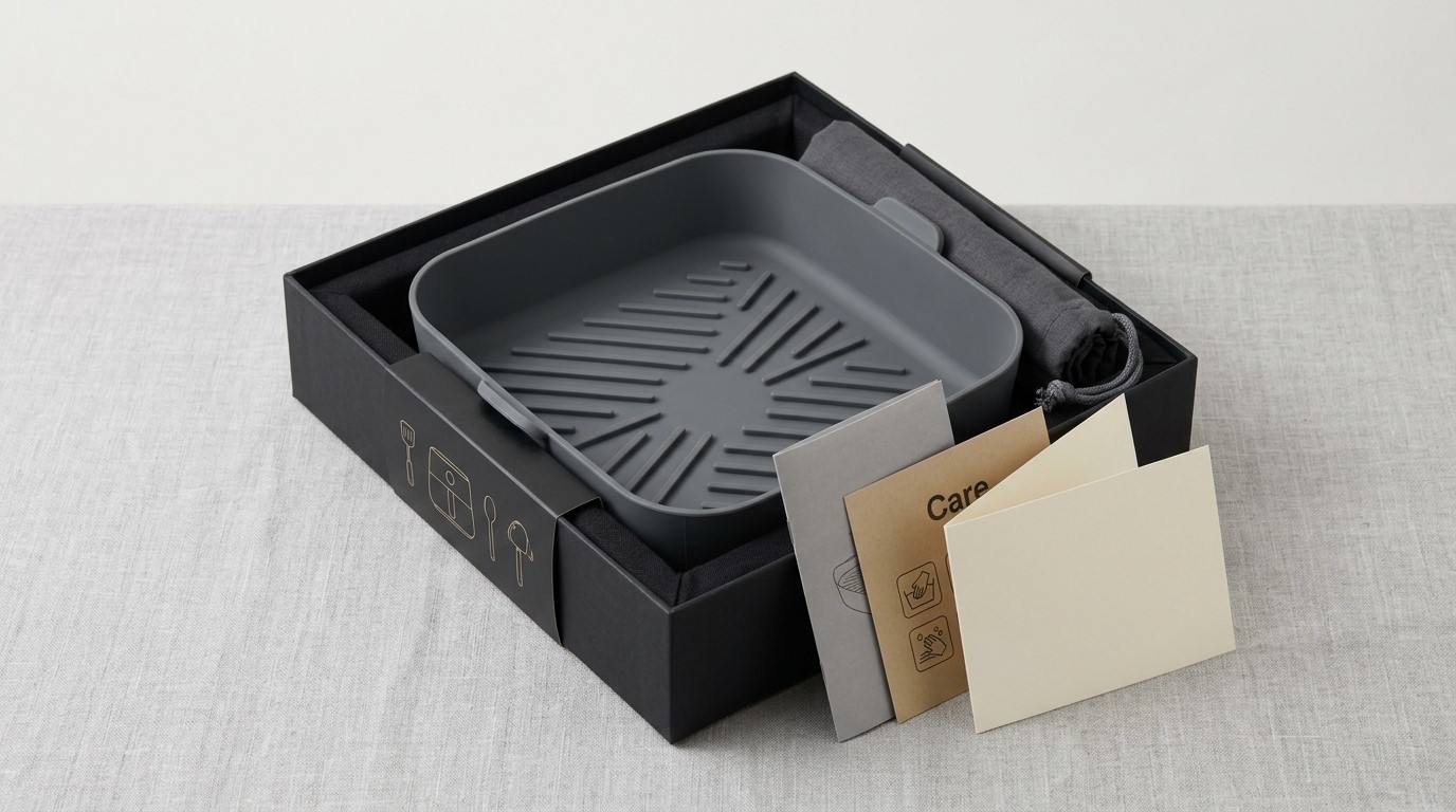 silicone air fryer liner with rainsed ribs design and custom premium brand packaging