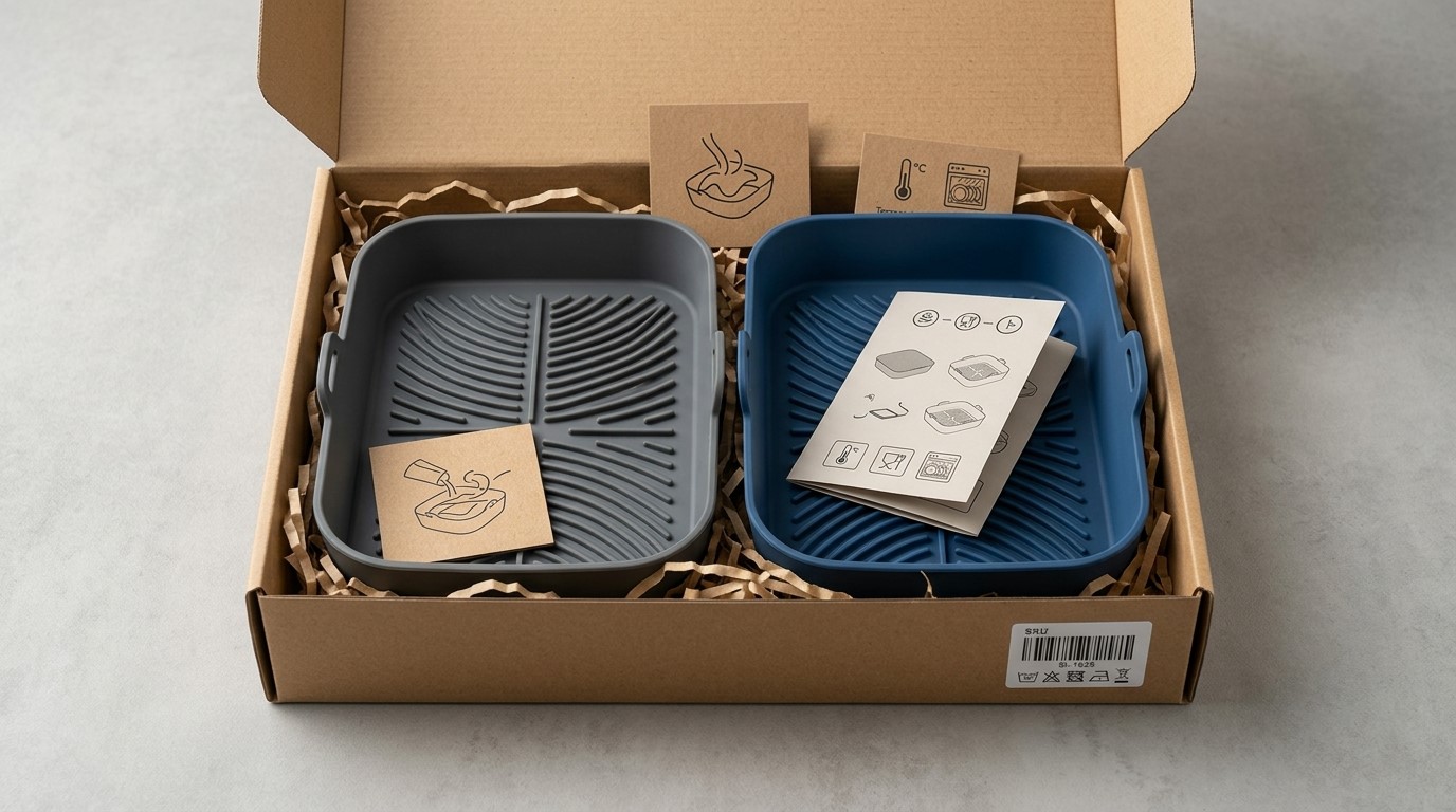 silicone air fryer liners with grease drainage designs and custom ecommerce packaging